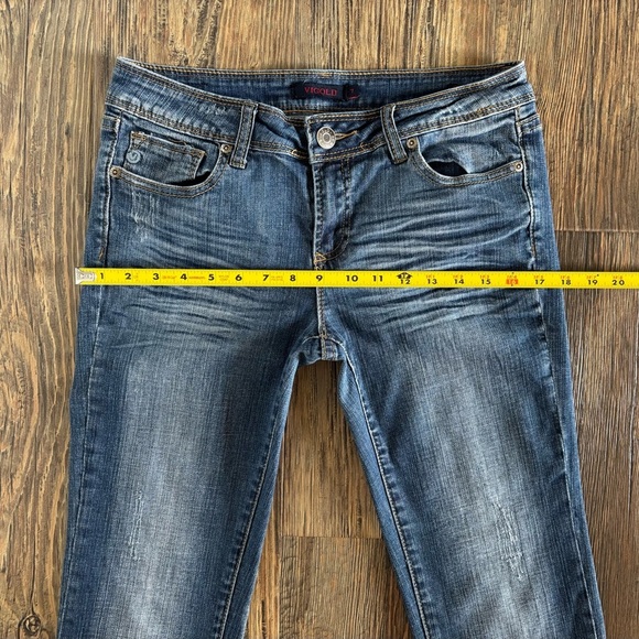 Vigold Straight Jeans Womens Juniors 7 Dark Wash Blue Denim Whiskers Embroidered - Picture 7 of 12